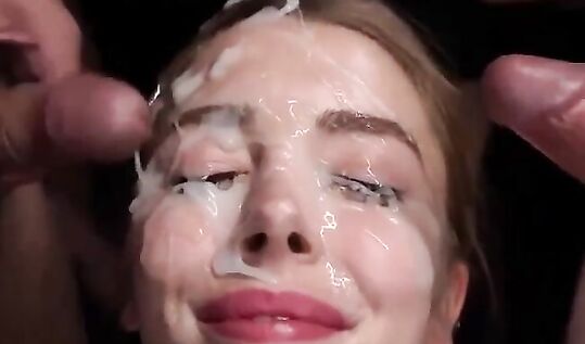 Мужики трахнули толпой молодую хотвайф и обкончали ей все лицо залив его спермой