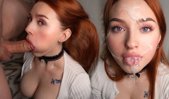 Грязный отсос рыжей няшки: кончил на милое личико, залив всё спермой!